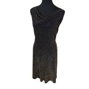 Vtg Womens Black Gold Sparkle Evening Dress Knee Length Large Cowl Neck Slinky